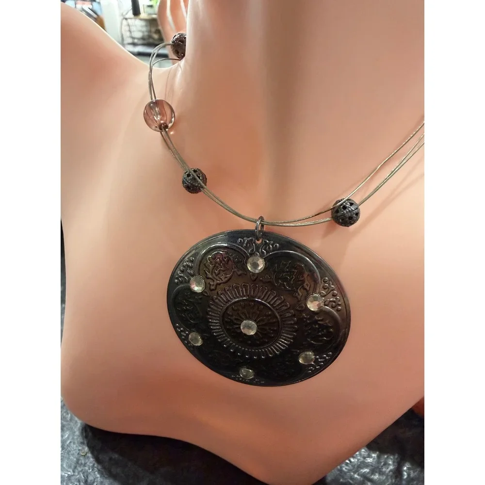 Gunmetal Oval Medallion Rhinestone Multi-Strand Statement Necklace Boho Black